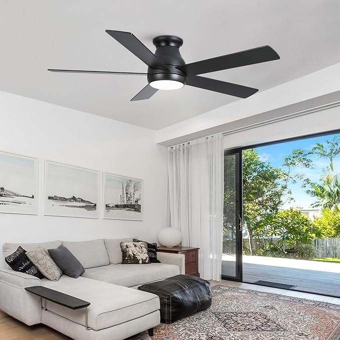52 Inch Black Ceiling Fans with Lights and Remote, LED Low Profile Flush Mount Ceiling Fan for Bedroom, Living Room, with Quiet DC Motor, Dimmable 6 Speeds
