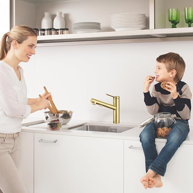 CREA Low Profile Kitchen Faucet with Pull Out Sprayer,Bar Sink Faucet Single Hole Handle,Prep Wet Bar Laundry Utility Short Small Modern Outdoor RV Gold