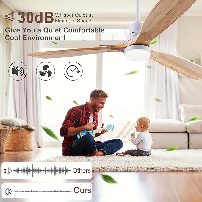 56" Wood Ceiling Fan with Light and Remote Control, Indoor Outdoor Wooden 3 Blades Ceiling Fan for Patio Living Room, Bedroom, Office,Reversible DC Motor