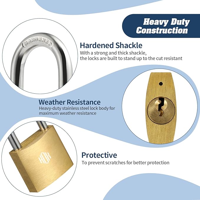 HOX 2-Pack Keyed Padlock, Waterproof and Rustproof, Solid Brass Lock with 1-1/4" Wide Body, Padlock with Keys for Storage Unit, Sheds, Garages and Fence