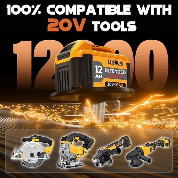4-Pack 12000mAh Replacement for Dewalt 20V Max Battery, Lithium-Ion Long Lasting Power Compatible with Dewalt DCB203 DCB204 DCB205 DCB206 DCB207 DCD/DCF/DCG Series Cordless Tools