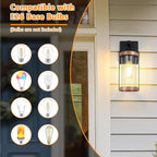 2-Pack Outdoor Light Fixtures, Waterproof Modern Exterior Wall Lantern Porch Lights, Black Wall Sconce with Clear Ribbed Glass, Outside Light with Wood Texture for House, Bulbs Not Included