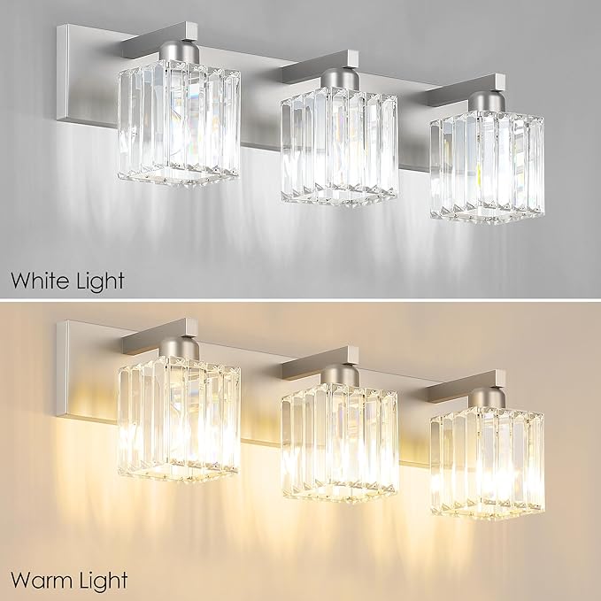 Aipsun Brushed Nickel Vanity Light Bathroom Lighting Fixtures 3 Light Crystal Modern Bathroom Vanity Light (Exclude Bulb)
