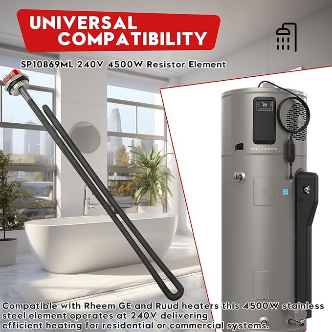 SP10869ML 240V 4500W Resistor Element fits for Rheem Water Heater Element, Replacement Part for Rheem, GE and Ruud Heaters, for Models 2NPH0613-0AO0, 2NPH0811-0BB0,3PH2912-1AB0, 3PH3003-1AA0