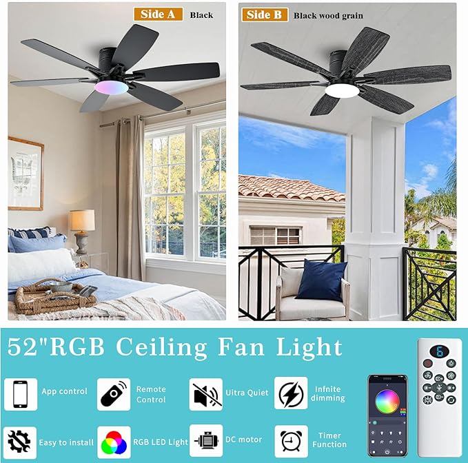 52inch Black Ceiling Fans with Lights and Remote/App Control, Low Profile Ceiling Fan with Light and 6 Double-Side blades, Flush Mount, LED/RGB Dimmable DC Reversible Modern Ceiling Fan for Bedroom