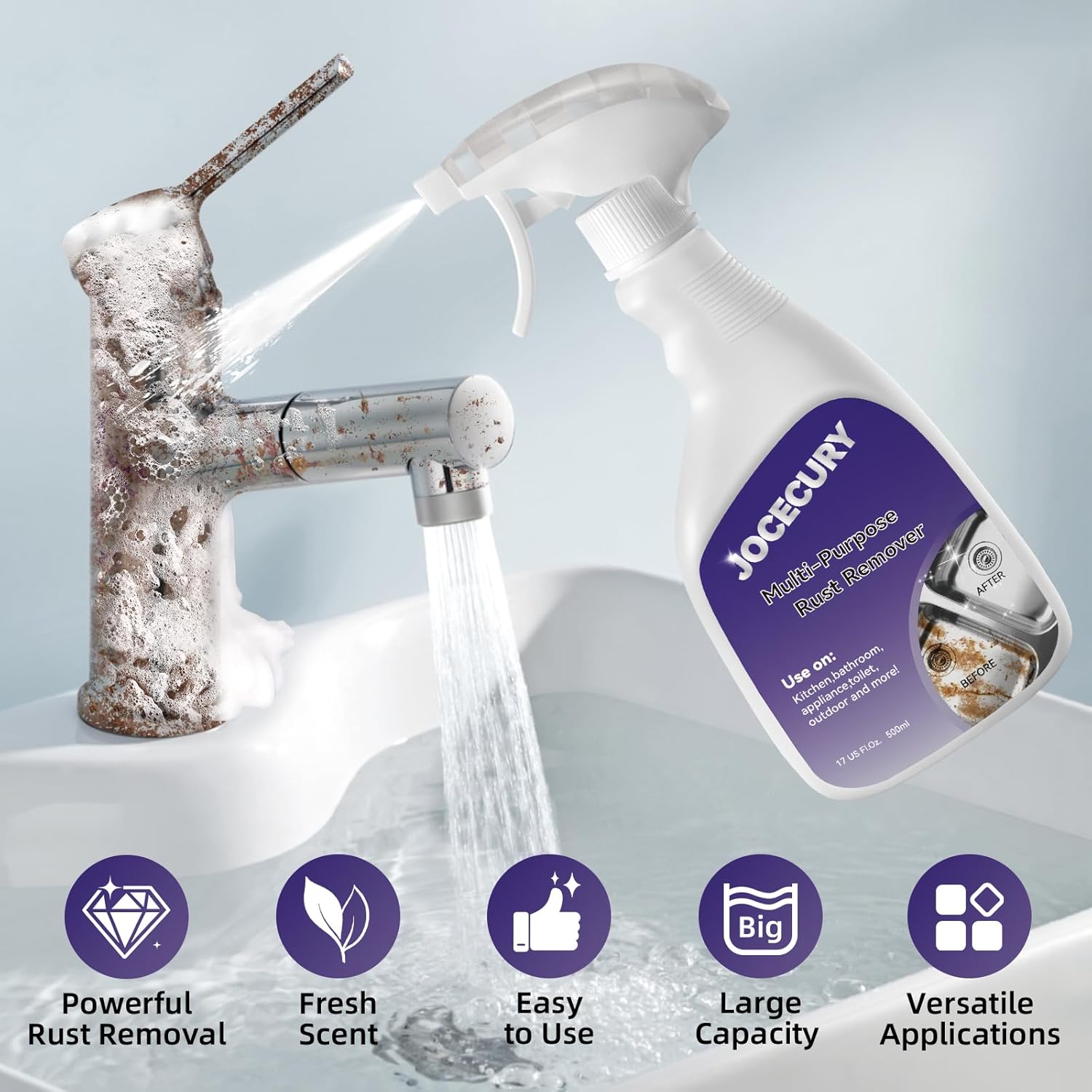 Jocecury 500ML Stainless Steel Rust Remover, Multi-Purpose Foam Cleaner, Dissolves Rust Particles, Stainless Steel Appliance Cleaner,Food-safe Formula,Metal Cleaner