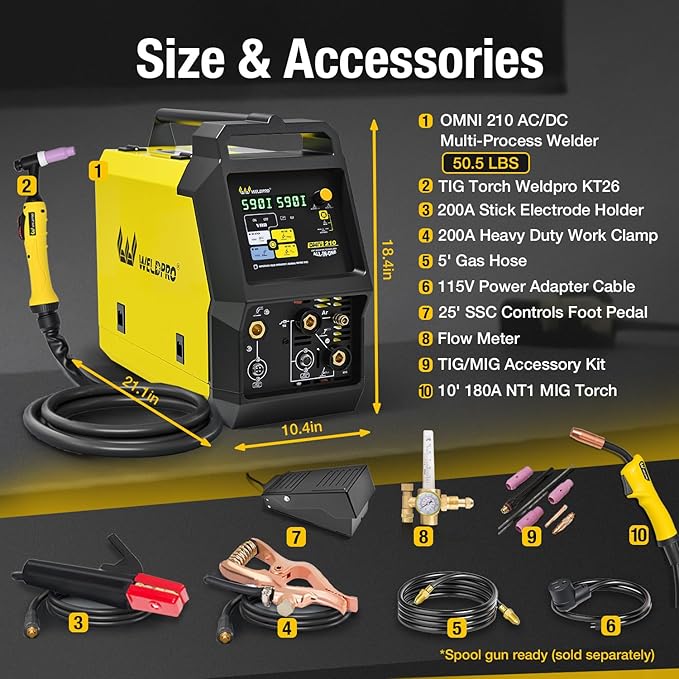 Weldpro Multi-Process Welder Dual Voltage 110V/220V AC/DC, MIG/Flux Core/Stick/High-Frequency TIG with Pulse & Aluminum Balance/Frequency Control Welding Machine Omni 210