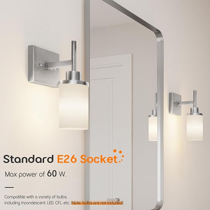 Bathroom Light Fixtures Brushed Nickel Vanity Lights with White Frosted Glass Shade, Wall Lamp for Mirror Kitchen Bedroom Porch, 2 Pack T001BR-L1-P2