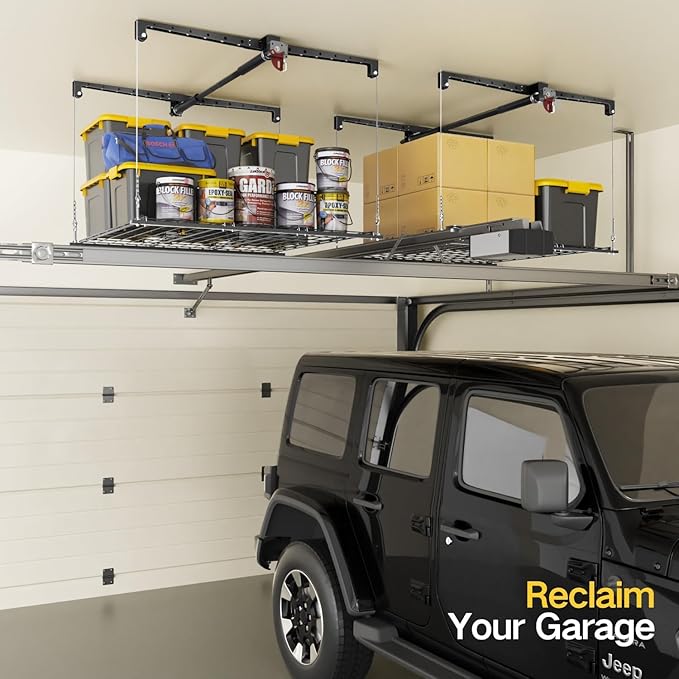Overhead Garage Storage Rack for 8-10ft Ceiling, Heavy-duty 4x4 FT Garage Ceiling Storage Racks with Safety Lock, Ideal for Storage Mounted Lift System and Storage Organizer, 250lbs Capacity