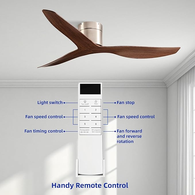 52-Inch Ceiling Fan Without Light, Modern Low-Profile Flush Mount Fan with Remote, 6-Speed Reversible Quiet DC Motor,for Balcony, Living Room, Bedroom (No Light)