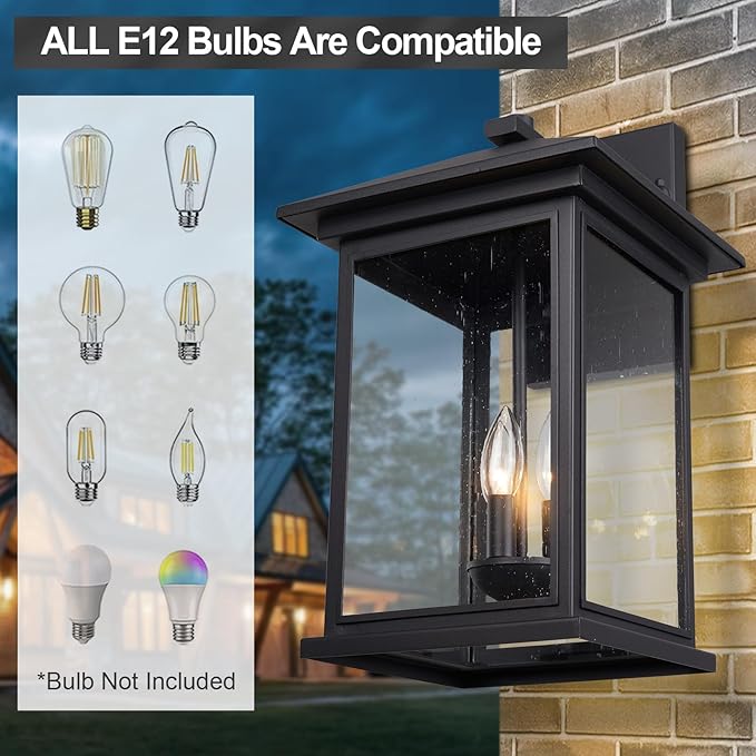 Treekee Large Outdoor Wall Light Fixture, 20 Inch Square Wall Lantern, 3- Light Exterior Sconce Lights, Porch Mount Lighting with Seeded Glass, Modern Black Lamps for Patio Front Door Entryway