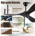 52" Ceiling Fans Without Lights, Solid Wood Ceiling Fan with Remote Control and Quiet DC Motor, Ceiling Fan no Light 3 Blades, Indoor Outdoor Ceiling Fans for Patios, Bedroom- Black