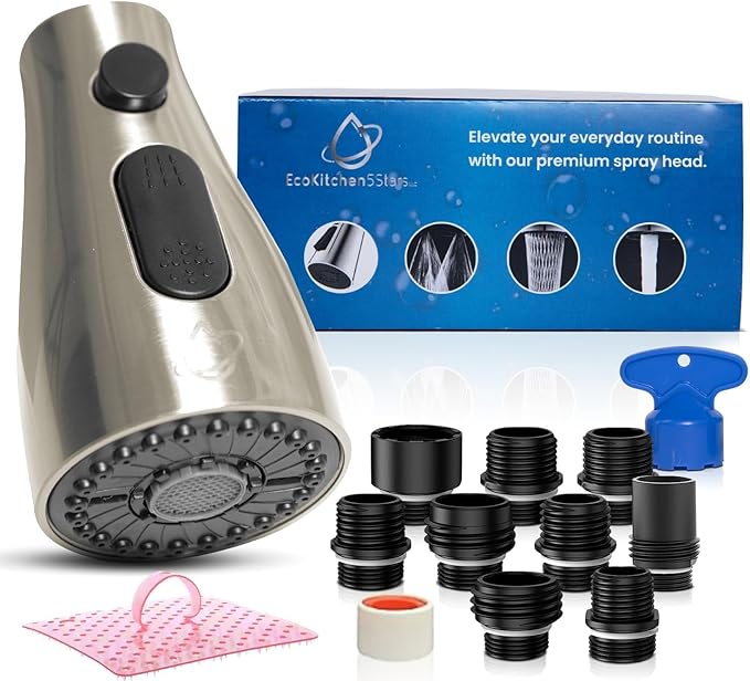 Kitchen Faucet Head Replacement – Pull-Down Sprayer for Moen, Delta| 3-Mode Sink Faucet Spray Head with 9 Adapters, Brushed Nickel, Kitchen Sink Sprayer Replacement.