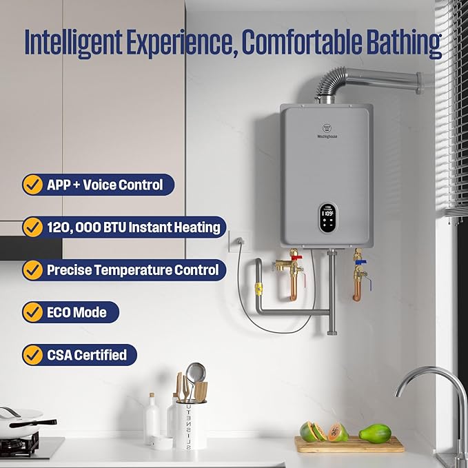 Westinghouse Tankless Water Heater Propane Indoor Installation Max 5.1 GPM 120,000 BTU, WIFI Enable Temp Self Modulating Non Condensing High Efficiency for House or Commercial, APOLO Performance
