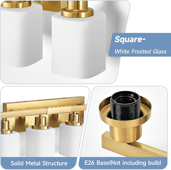 Gold Bathroom Vanity Light,10-Light Brushed Gold Bathroom Light Fixtures with Square Frosted Glass,64.5in Wall Lamp Sconces for Mirror Bedroom,Living Room Hallway,E26