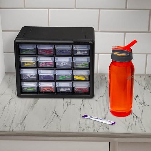 Akro-Mils 16-Drawer Plastic Drawer Storage Cabinet for Garage Organization, Beads, Makeup Organizer, Building Bricks Storage, Teacher Toolbox, 10-1/2" W x 6-1/2" D x 8-1/2" H, 10116 Black