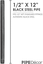 PIPE DÉCOR 1/2” x 12” Malleable Cast Iron Pipe Nipple, Pre Cut Connectors, Industrial Steel Grey Fits Standard Half Inch Black Threaded Pipes Nipples and Fittings, Build Vintage DIY Furniture, 6 Pack