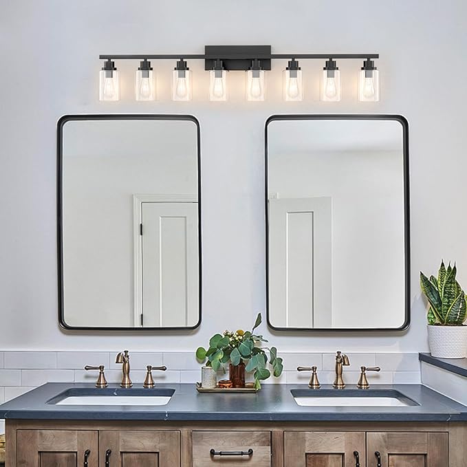 8 Light Black Bathroom Vanity Light Fixture, Long Farmhouse Vanity Lights Over Mirror,Modern Large Bathroom Lighting Wall Light with Clear Glass Globe for Mirror,Living Room,Bedroom