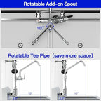 Commercial Kitchen Faucet 36" Height Wall Mount with Sprayer 8" Center Wall Mount Kitchen Sink with 12" Add-on Swing Spout Pre Rinse Faucet for Commercial Sink(Round Sprayer