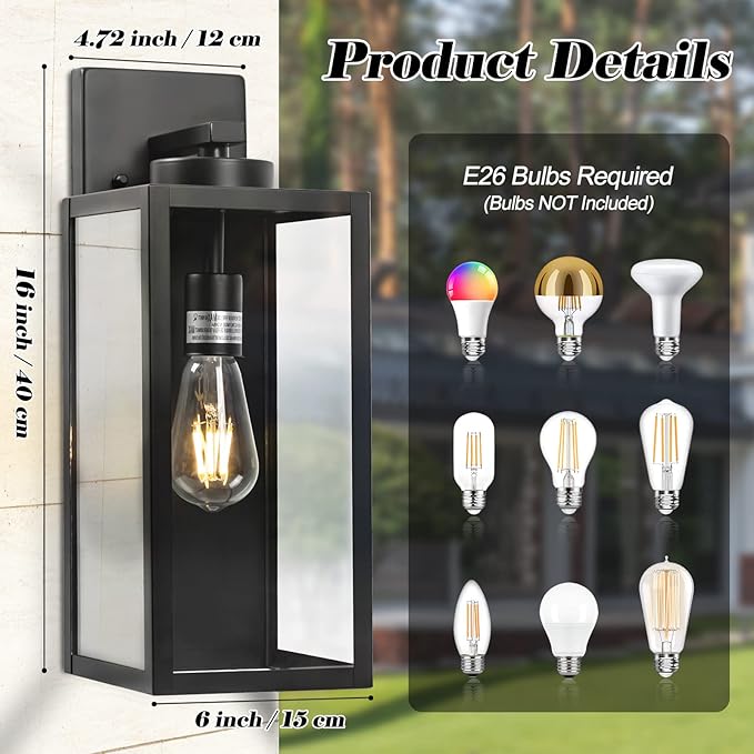 Outdoor Wall Light Fixture, Large 16" Exterior Black Lantern Waterproof, Farmhouse Porch Sconce Lighting with Glass, Modern Wall-Mounted Outside Lights for House, Garage, Patio Lamp
