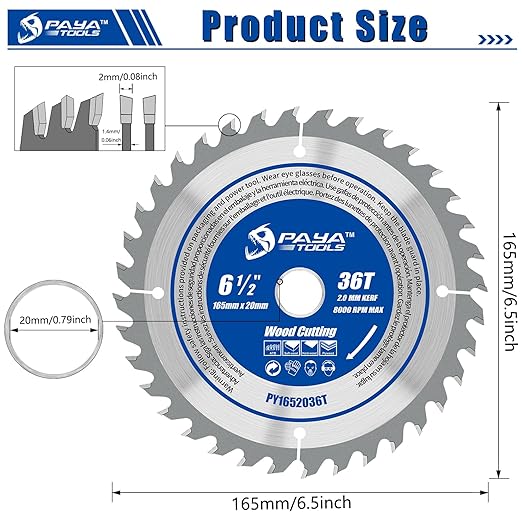 6-1/2-Inch 36-Tooth Circular Saw Blade,TCT ATB Framing Blade,20mm Bore(16mm Reduction Ring Included) for Wood Fast Cutting