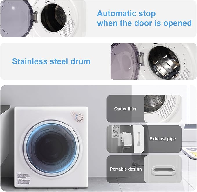 Elevon 1500W Portable Clothes Dryer, 3.5 cu.ft Electric Drying Machine for Laundry with Steel Tub for Apartment, Dorms, Compact Dryer for Small Space, Black/White