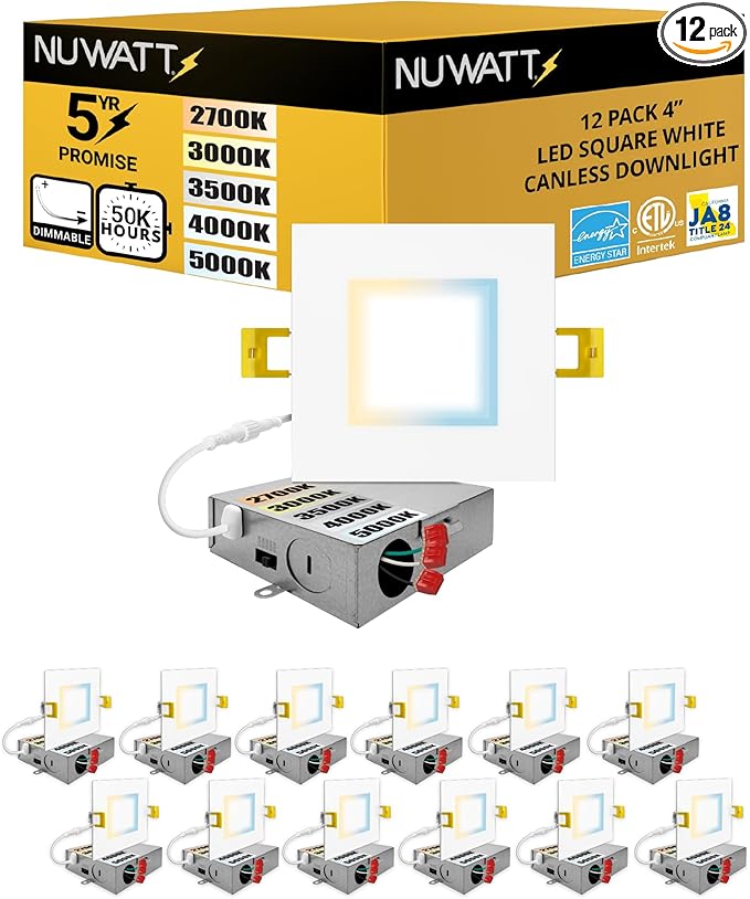 NUWATT 12 Pack 4 Inch LED Square Recessed Lighting, 5CCT Selectable 2700K/3000K/3500K/4000K/5000K, 630 Lumens Dimmable, IC Rated, 4in Square Wafer Lights, Canless LED Downlight, Diecast Aluminum J-Box