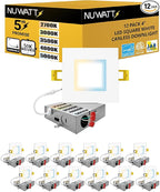 NUWATT 12 Pack 4 Inch LED Square Recessed Lighting, 5CCT Selectable 2700K/3000K/3500K/4000K/5000K, 630 Lumens Dimmable, IC Rated, 4in Square Wafer Lights, Canless LED Downlight, Diecast Aluminum J-Box
