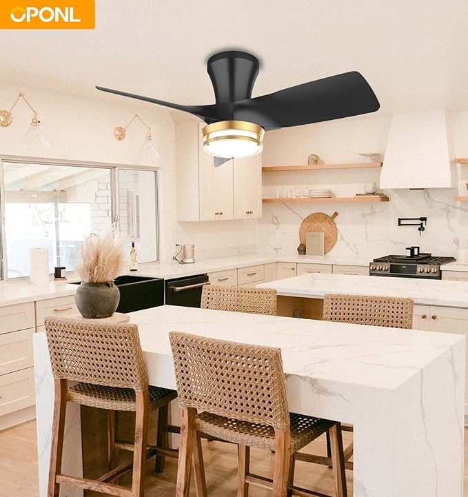 30" Black low profile Ceiling Fan with Light, with Gold Trim Ring, Large Air Volume, flush mount ceiling fan for Bedroom Kitchen Dining room Patio