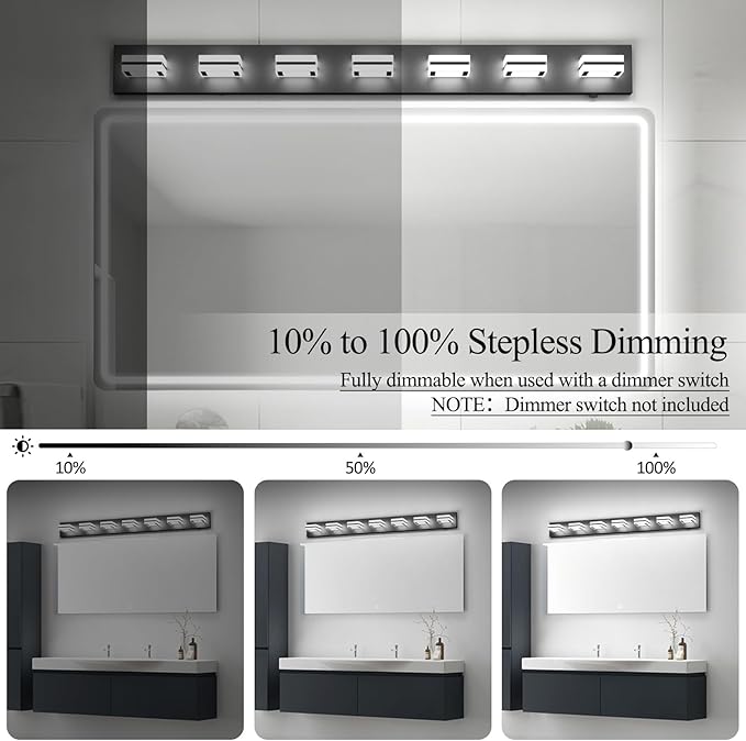 Ralbay 5 Color Temperature Dimmable 46inch Matte Black Vanity Lights Acrylic Modern LED Black Vanity Lighting for Bathroom 7 Lights