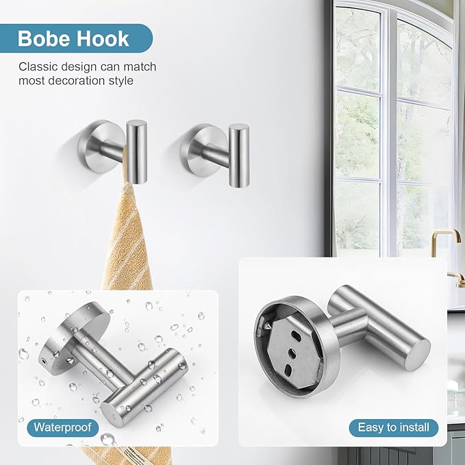 TQKAG Brushed Nickel Bathroom Hardware Accessories Set - 10-Piece Premium SUS304 Stainless Steel Towel Bar Holder Set with 23.6 Inch Round Towel Racks for Wall Mounted Bathroom