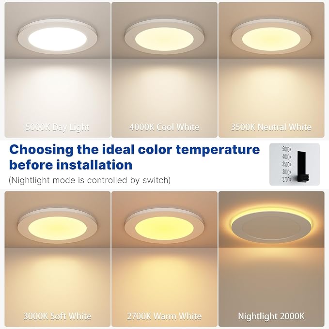 12 Pack 6 Inch LED Recessed Ceiling Light with Night Light| 5CCT Dimmable 2700K-5000K| RA90 1050LM 12W 120V| Ultra-Thin High Brightness Canless Wafer Downlight with Junction Box| IC ETL FCC