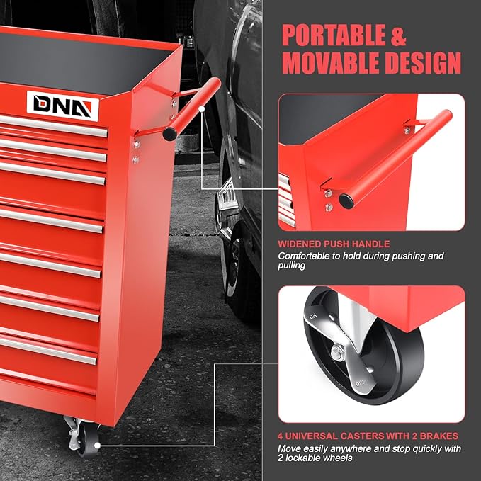 DNA MOTORING TOOLS-00264 7-Drawer Plastic Top Rolling Tool Cabinet with Keyed Locking System,27.55" L X 13" W X 30.31" H,Red