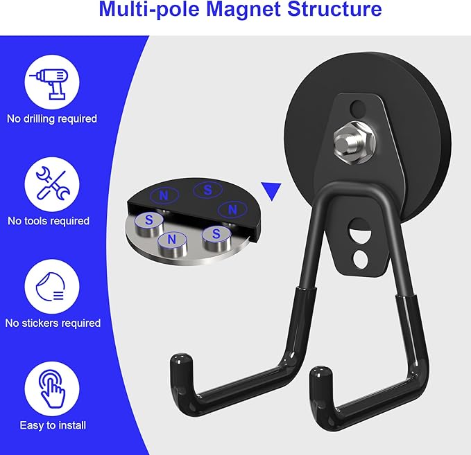 Heavy Duty Storage Magnetic Utility Hooks Large Garage Magnet Hooks with Anti-Slip Coating for Metal Cabinet,Pegboard,Garage Shelve,Garden Tools (3PCS 2.59'' Black)