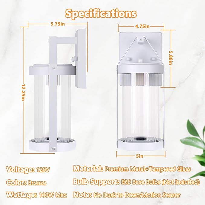 2-Pack Outdoor Light Fixtures Wall Mount, Waterproof Exterior Wall Lantern Front Porch Lights, Modern White Sconce Lighting with Clear Ribbed Glass, Outside Lights for House, Patio, Bulbs Not Included