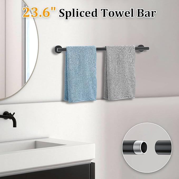 Matte Black Bathroom Hardware Accessories Set 5-Piece Towel Bar Set Includes 23.6in Towel Bar Toilet Paper Holder with Shelf,Towel Holder Set for Bathroom Stainless Steel Wall-Mounted