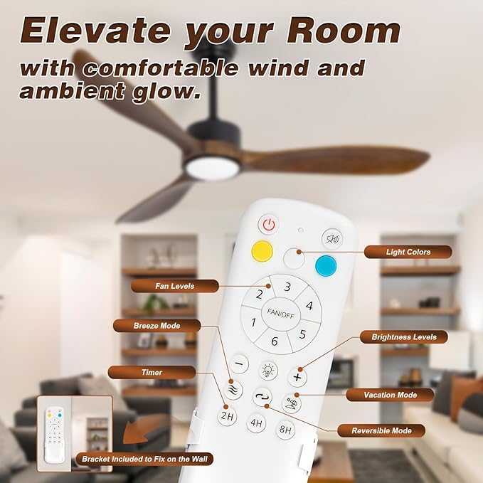 52inch Brown Wood Ceiling Fan with Light and Remote, Silent DC Motor,6 Speed Levels, Dimmable Lights, 3 Blade Modern Ceiling Fans for Living Room Bedroom Farmhouse Patio,Indoor Outdoor Ceiling Fans
