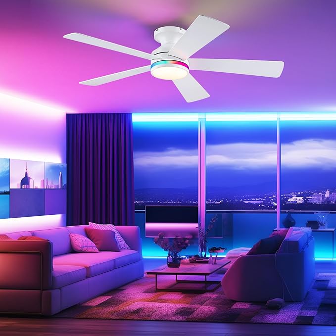 46" Flush Mount RGB Ceiling Fans with Lights - White Low Profile Ceiling Fan Light with Remote/APP, RGB+3CCT 6 Wind Speeds and Reversible, Modern Fan Light Fixture for Party, Kiad's Room