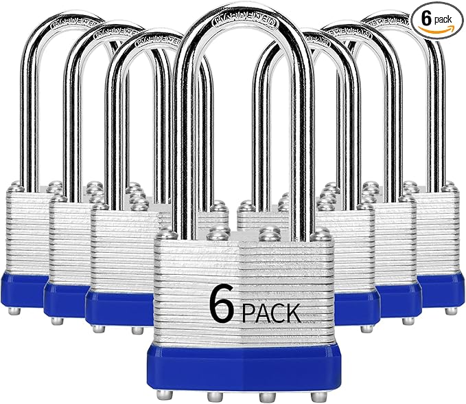 Padlocks Keyed Alike, Pack of 6, Laminated Steel Keyed Lock (1-9/16", 40mm), Padlocks with Same Key, Long Shackle, for Toolbox, Locker & StorageUnit or More
