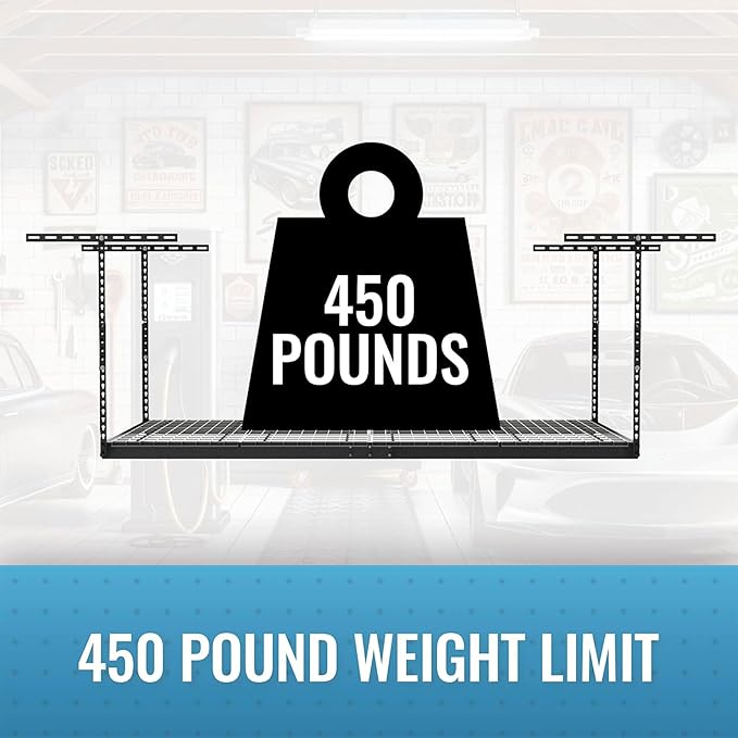 MonsterRax Overhead Garage Storage Racks 3x8’ Ceiling Mounted Shelving, Adjustable Hanging Organizer, Heavy Duty Steel, Holds 500 Pounds, Color: White, Adjustable from 24"-45" off the Ceiling