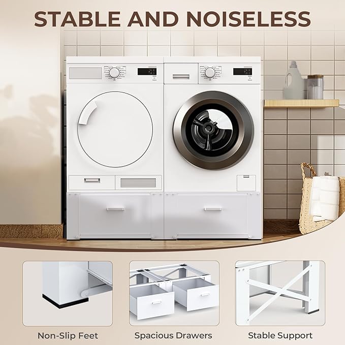 29" Washer and Dryer Pedestals with Drawer- Laundry Pedestal Stand for Washer and Dryer – Set of 2,Alloy Steel Washing Machine Stand Raiser, washer dryer pedestal 14.3'' Height White