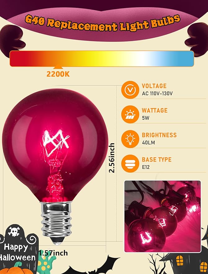 Abeja 25 Pack G40 Replacement Light Bulbs, Black Halloween Bulbs, G40 String Light Replacement Bulbs, 5W Dark Purple Bulb for Indoor Outdoor Patio String Lights, E12/C7 Base