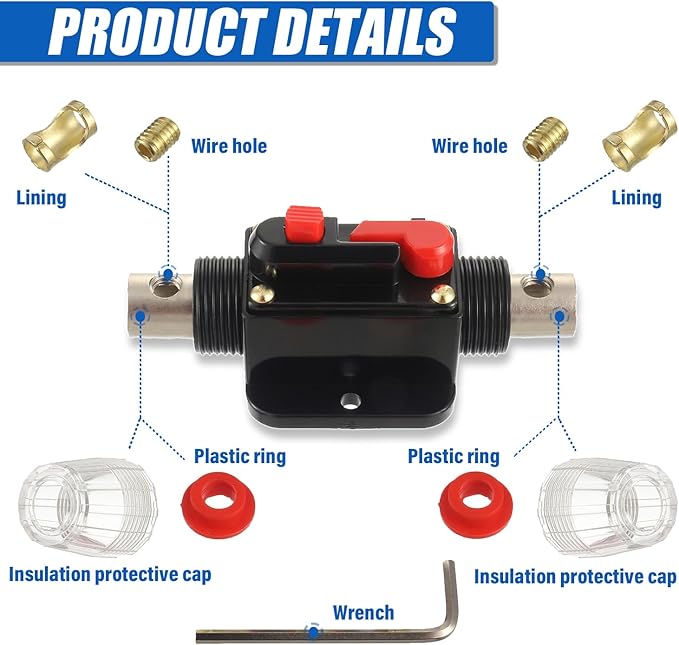 BOJACK 50A Audio Inline Circuit Breaker Reset Fuse Holder 12-24V DC Manual Reset Fuse Holder 3-15 AWG Overload Protection for Car Audio Sound Amplifier System RV Marine Boat Truck Solar Inverter