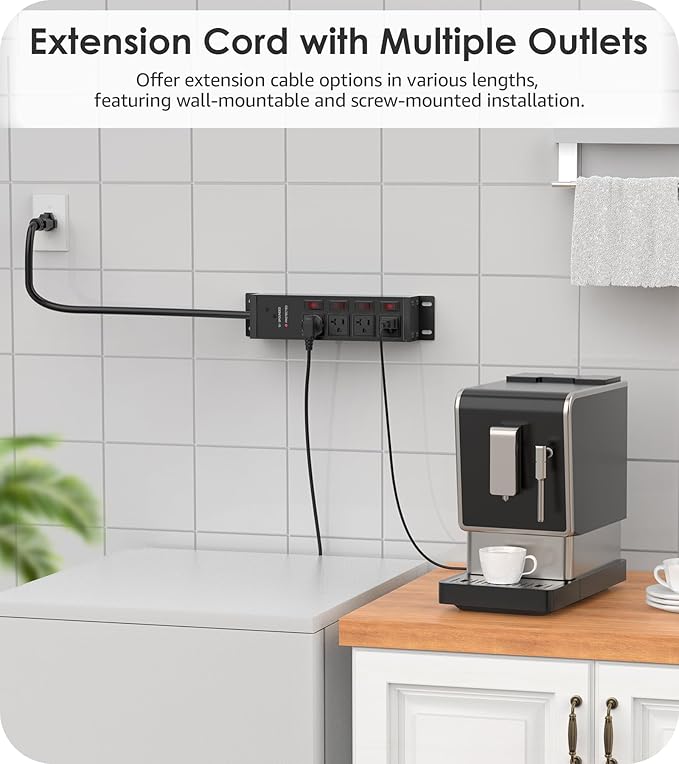 CCCEI Heavy Duty Surge Protector Power Strip 20 Amp Individual Switches. 25FT 12 Gauge Extension Cord with Multiple Outlets. Kitchen, Garage, Shop, Industrial Wall Mount Electric Extender, Black.