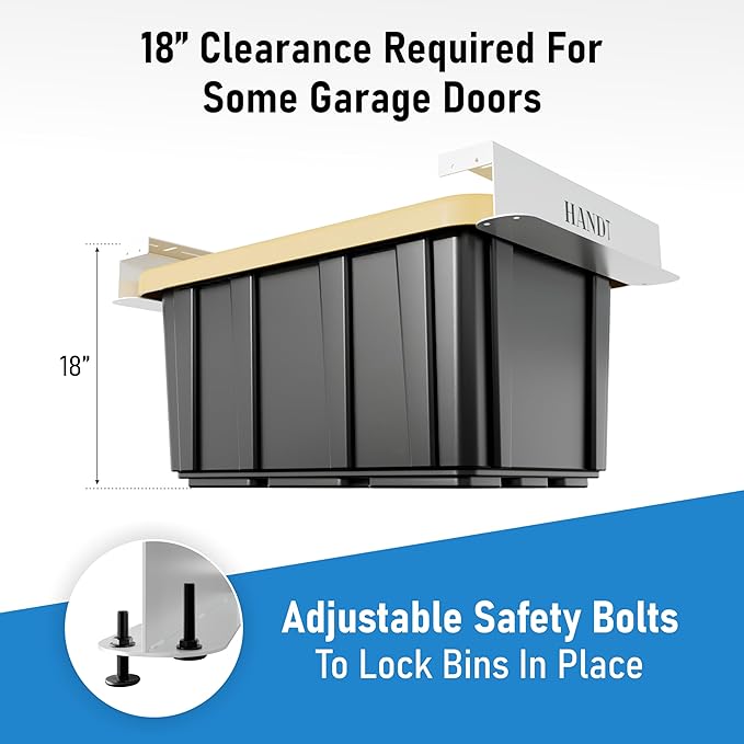 HANDT Overhead Garage Storage Rack, Connectable Heavy Duty Metal Ceiling Rails For Garage Storage Organization Shelving System, Hanging Racks For Tote Containers, Supports Up To 3 Bins, 2 Sets White