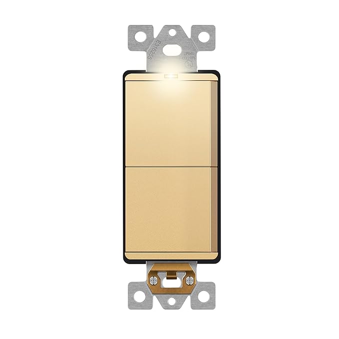 LIDER Minimalist Design Matte Finish Lighted Double Switch, Combination Frameless Decorator Switch with Locator Light, Ground Terminal, Single Pole, 15A 120-277V, UL Listed, LCS2-1P-GD, Gold