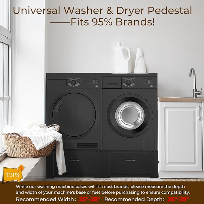 SKM 2 Pack Laundry Pedestals with Drawer - 28" Washer and Dryer Stand, Steel Washing Machine Raiser for Elevation, 14.3 Inches Height, Black