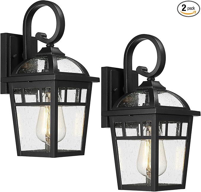Front Porch Lights Outdoor Wall Lights Exterior Wall Sconce, Matte Black Exterior Light Fixtures with Seeded Glass Farmhouse Outdoor Lighting Fixtures for House Garage Porch Patio, 2 Pack