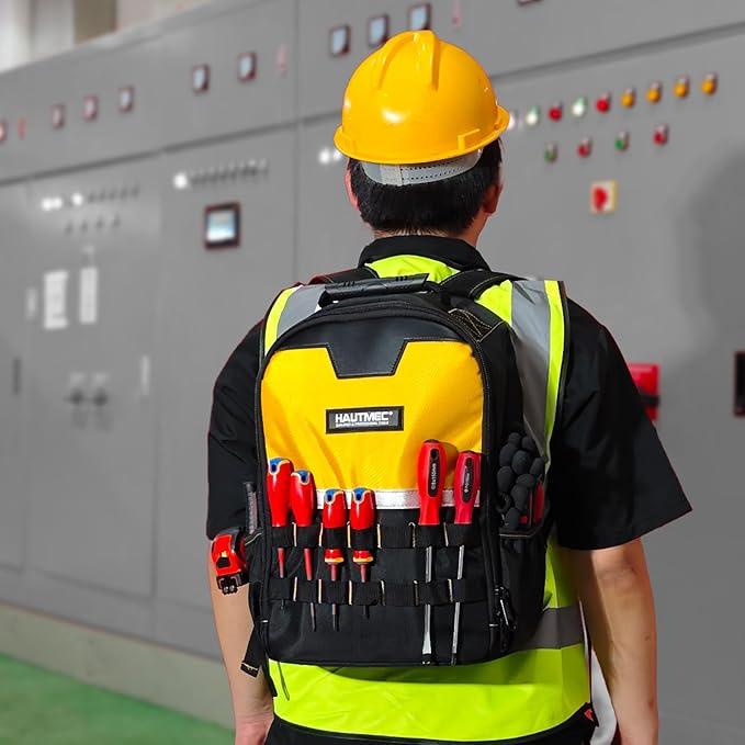 HAUTMEC Tool Backpack with Laptop Compartment, Heavy-Duty 1680D Oxford Tool Bag with Reinforced Base, 11 Pockets, Padded Straps, Portable Tool Organizer for Technicians, Contractors – HTTBM25058