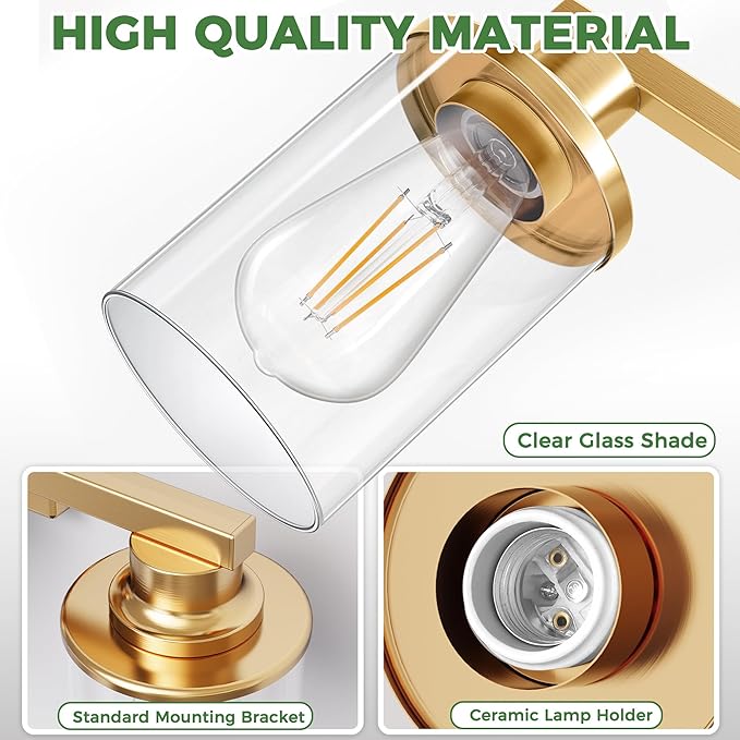 DORESshop 4-Light Vanity Light Fixtures, Gold Bathroom Light Fixtures Over Mirror with Clear Glass Shade, Modern Vanity Lights for Living Room Bedroom